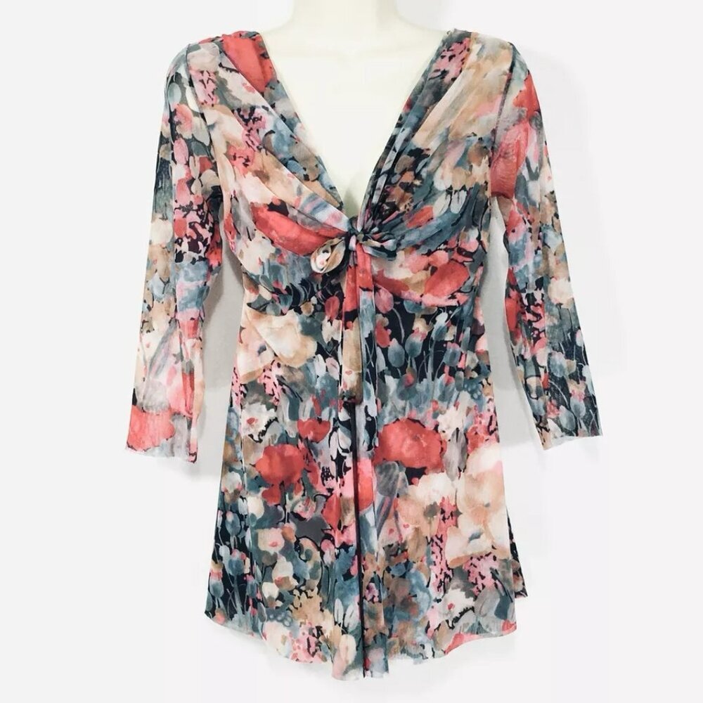 Vintage Y2K Johnny Heaven Mesh Top Sz L Fairy Floral Garden Flowy Stretchy